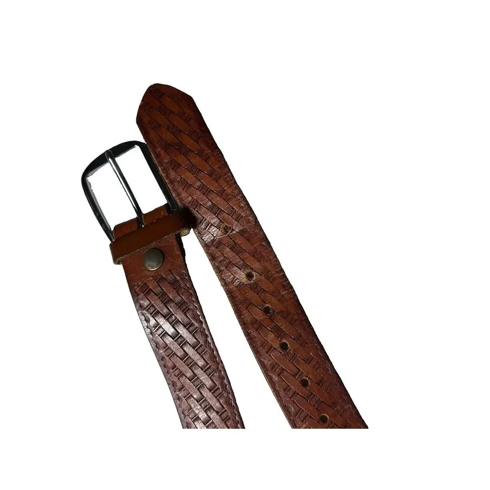 Vintage Mens Genuine Leather Belt Size 34 / 36 Brown Basketweave Silver Buckle